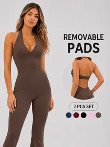 Women’s Workout Jumpsuit Sexy Lace with Removable Pads Solid Color Halter Neck Cami Cooling Backless Buttery Soft Comfortable Breathable Four Way Stretch One Piece Yoga Outfit for Gym Pilates Outdoor Running Cycling Casual Fitness Bodysuit