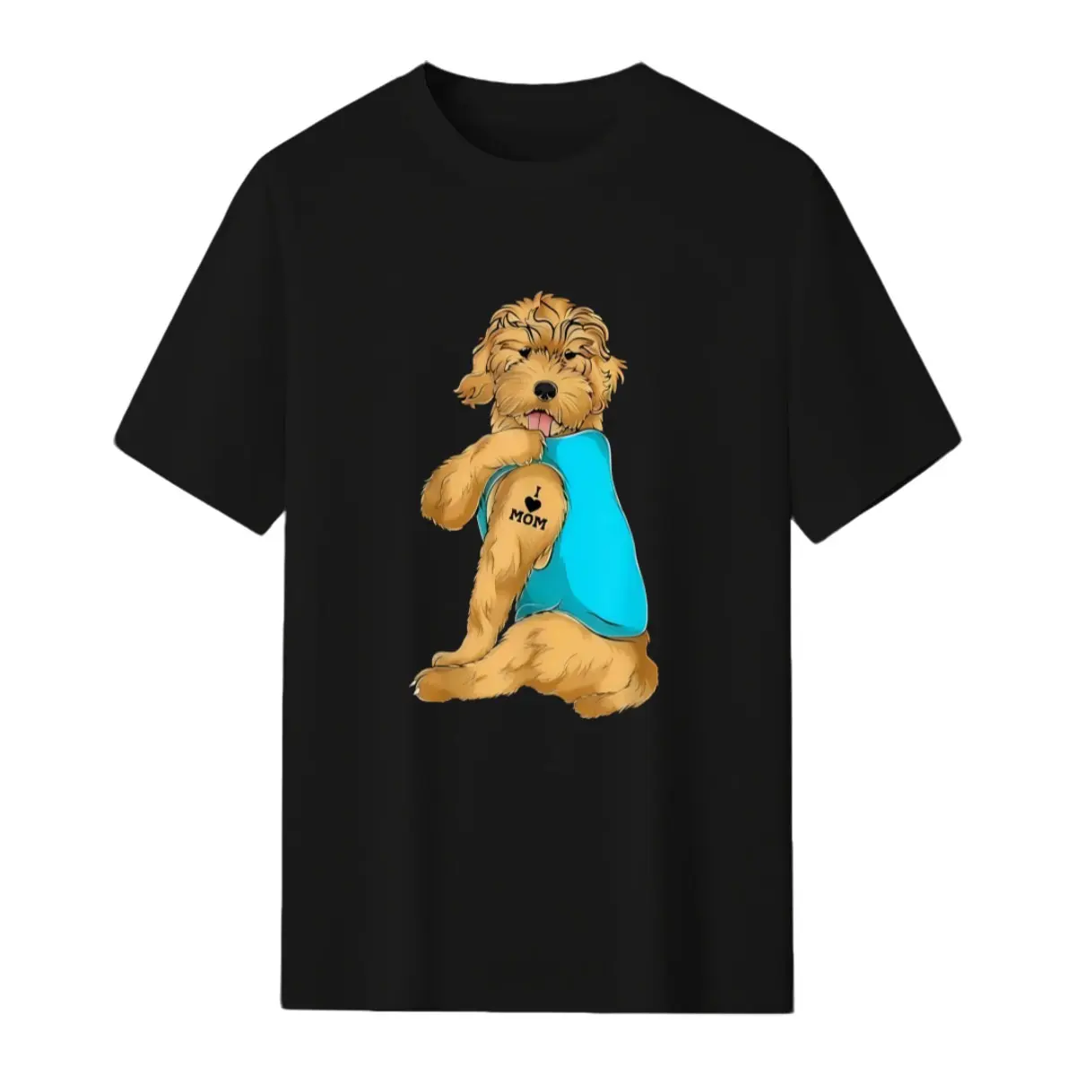 Goldendoodle Dog I Love Mom Tattoo Funny Dog Mom Short-Sleeve Round Neck Check Top, Casual Sport Tee for Outdoor Activities, Tops