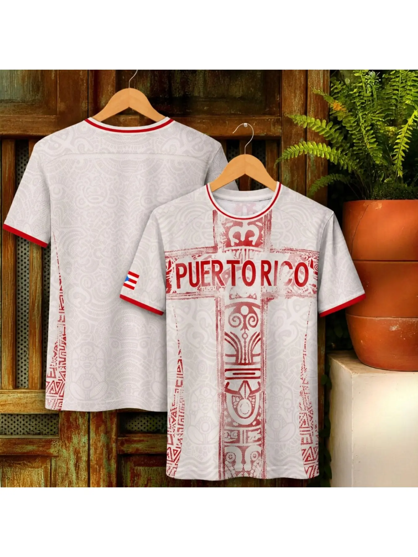 Breathable short-sleeved Puerto Rican jersey with a white background, red cross, indigenous totem, and red border