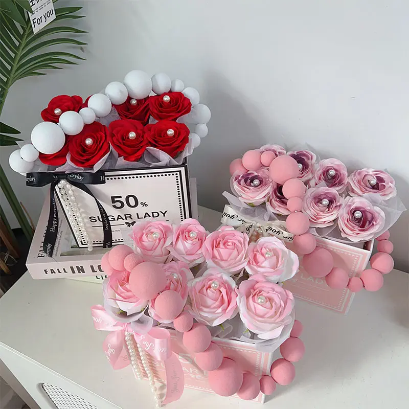 Romantic artificial rose soap flower box with soft floral scent. Functional soap petals for washing, long-lasting without withering. Elegant packaging as creative heartfelt gift for girlfriends and friends on Valentine, graduation and birthdays.