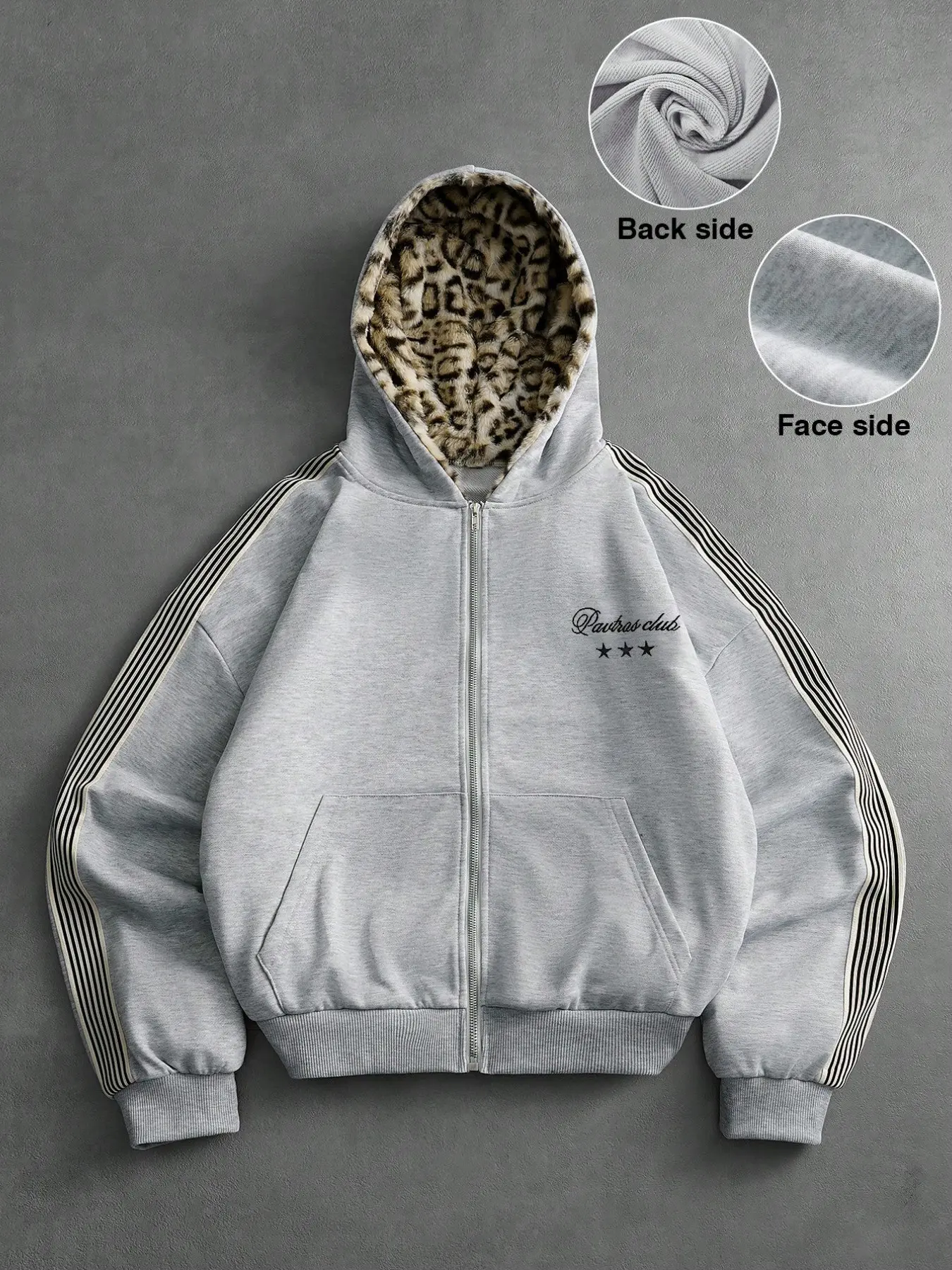 Y2K leopard print lined zipper hooded Oversized jacket, striped side long sleeved loose sports jacket, star letter embroidery, retro streetwear with pockets, autumn and winter regular wear, Aesthetic # streetwear hooded jacket