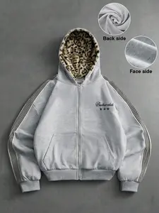 Y2K leopard print lined zipper hooded jacket, striped side long sleeved loose sports jacket, star letter embroidery, retro streetwear with pockets, autumn and winter regular wear, Aesthetic # streetwear hooded jacket