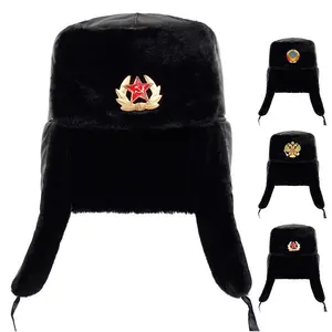 Soviet Army Military Badge Russia Ushanka Bomber Hats Pilot Trapper Trooper Hat Winter Faux Rabbit Fur Earflap Men Snow Caps