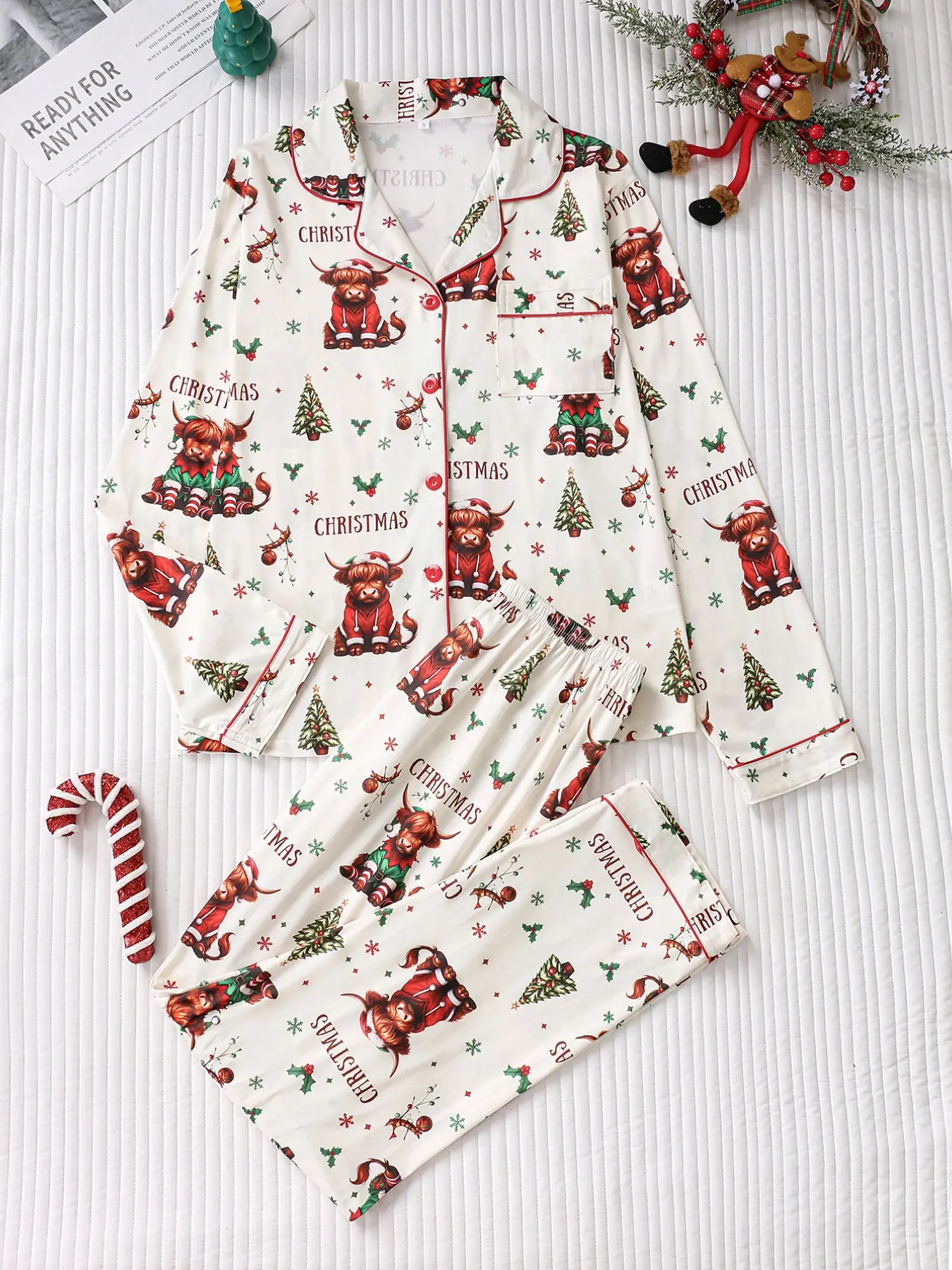 Two-Piece Christmas Retro Cartoon Pajama Set, Button-Front Long Sleeve Top & Loose Comfortable Pants, Cozy Women's Sleepwear