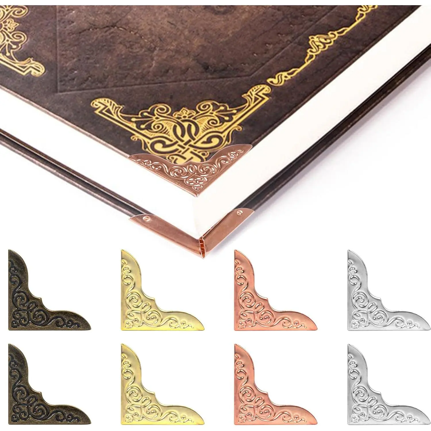 100 count Metal Book Corner Protectors,  Decorative Photo Corner Protectors for Scrapbooking Picture Album Diary Cover Paperback Book Notebook  Guard Accessories (4 Colors)