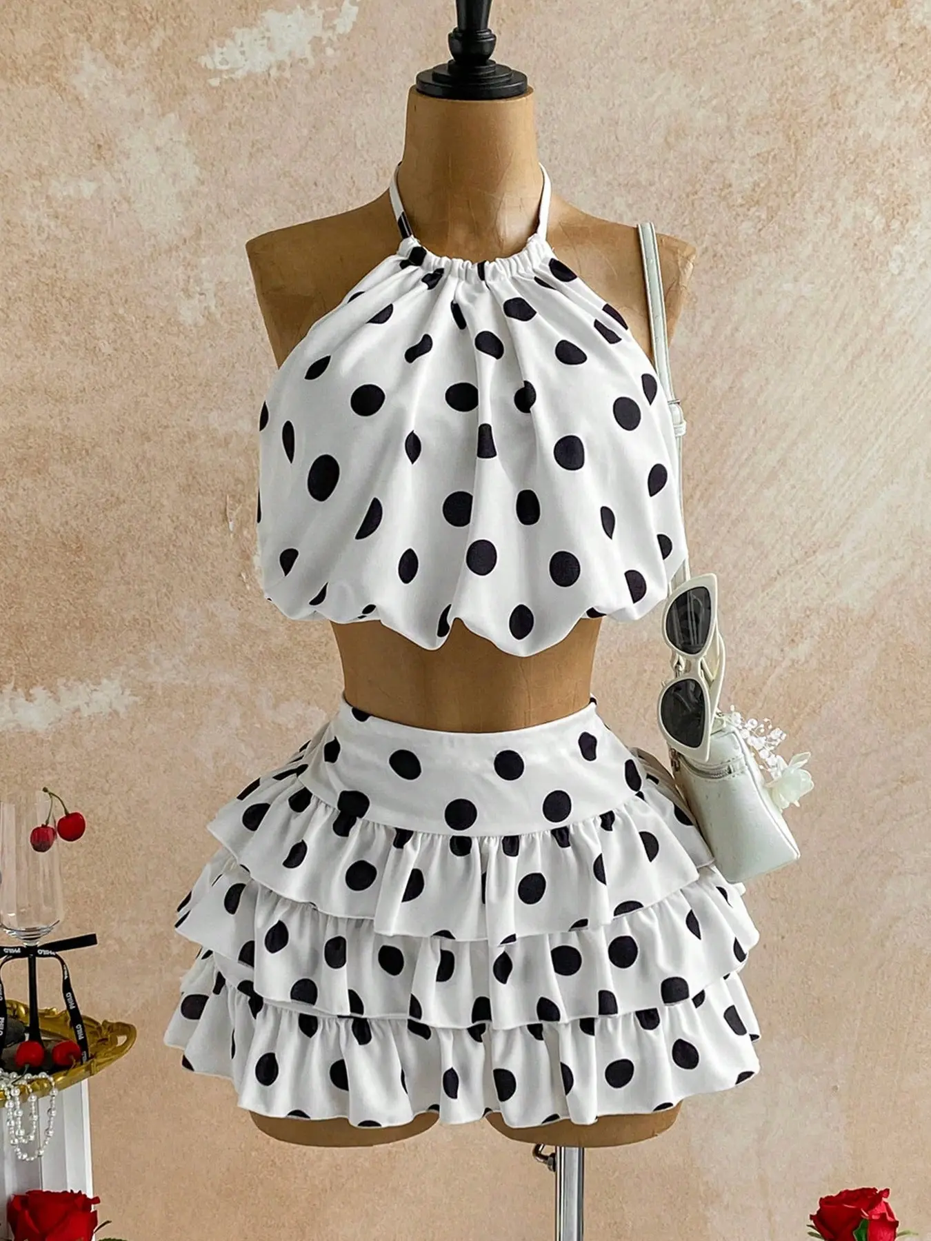 Women's 2-Piece Set, Sleeveless Backless Top + Layered Ruffle Skirt, Vintage Polka Dot Resort Wear, Y2K Style, Perfect for Outing, Outfit