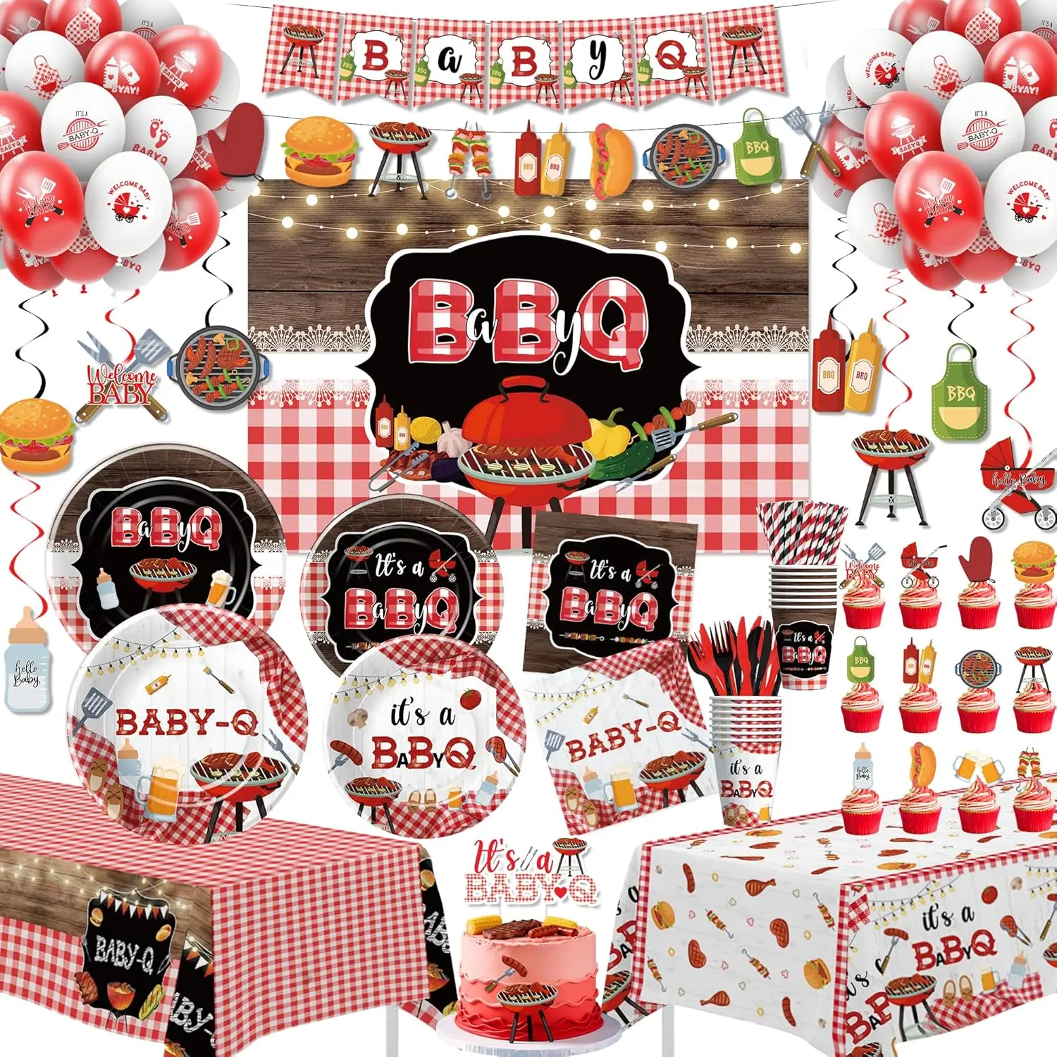 Baby Q Baby Shower Decorations, Red Gingham BBQ Baby Shower Party Supplies, Paper Plate, Cup, Napkin, Tablecloth, Backdrop, Swirls, Garland Banner, Balloon, Topper, Cutlery, Straw, Serve 24