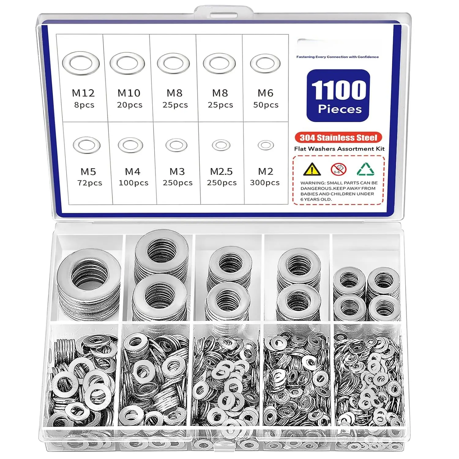 1100 count Flat Washers  Kit – 304 Stainless Steel, 9 Metric Sizes (M2–M12), Metal Washers for Screws and  – Ideal for Automotive, Construction, Industrial, and DIY Use