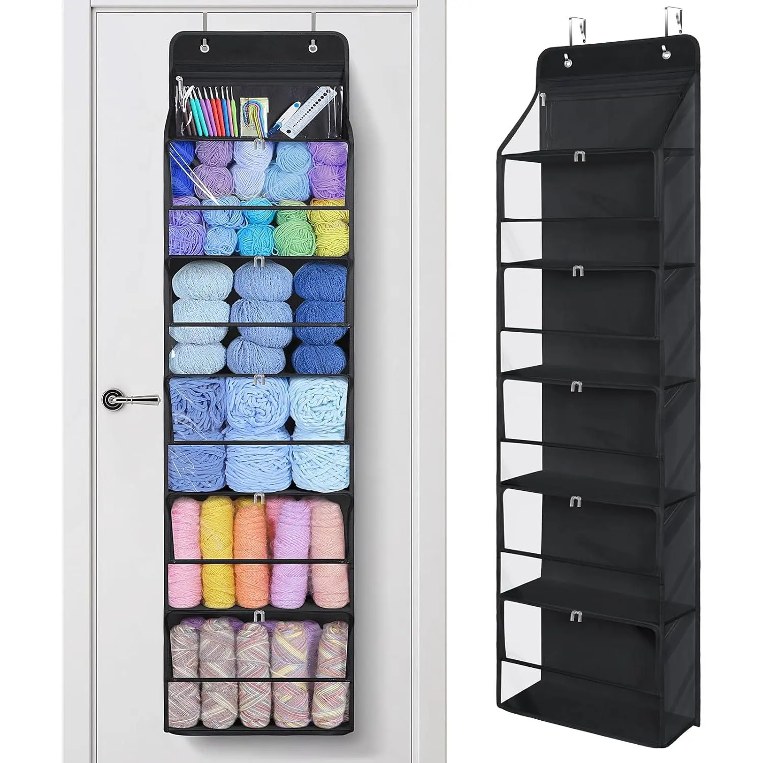 Yarn Storage Organizer with 6 Zipper Closure Compartments, Large Capacity Crochet Storage Organizer, Over the Door Yarn Holder for Knitting , Crochet Hooks, Clear Black