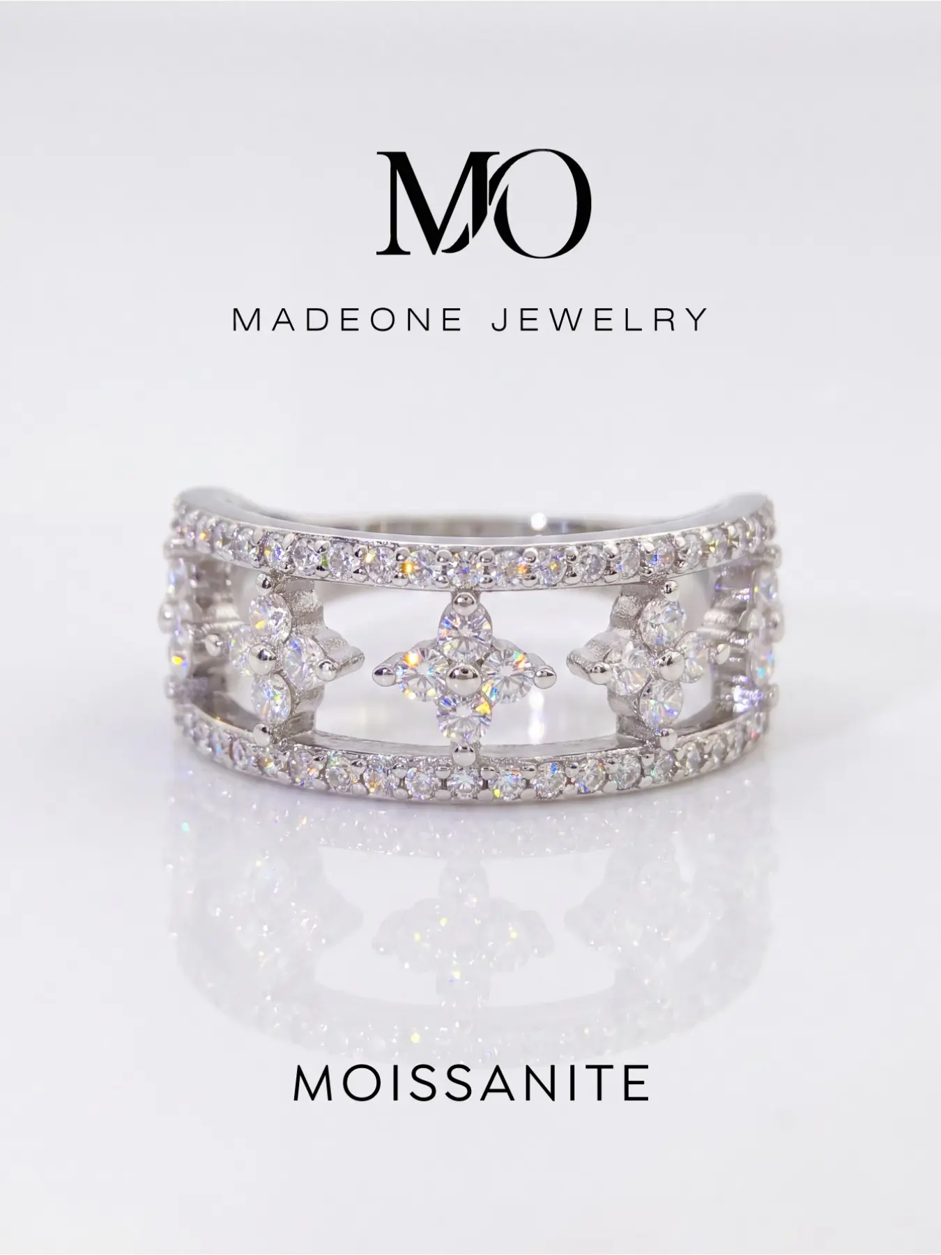 Four Point Flower Moissanite Hollow Wide Band Ring, Moissanite Cluster Ring, Copper Base Gold and Silver Two Tone, Double Row Pave Side Stones Three Clover Floral Openwork Design, Vintage Eternity Ring for Daily Stacking and Party Gift
