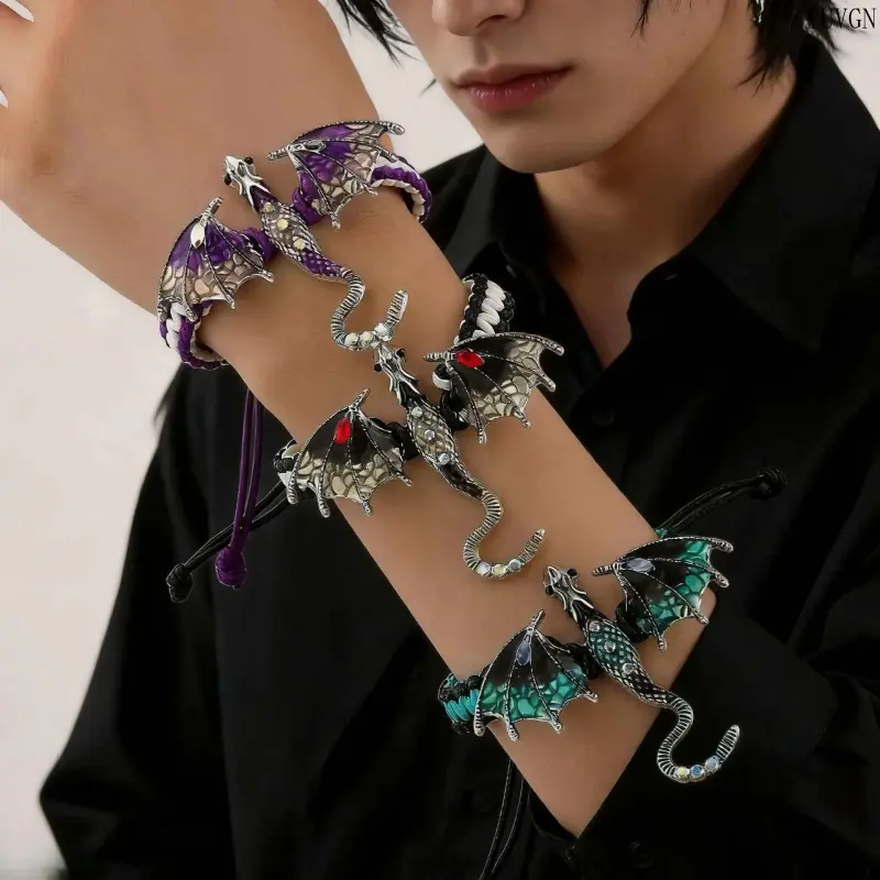 Unisex Dragon Motif Woven Fabric Bracelet, Handmade Crafted Streetwear Statement Jewelry with Zircon Inlay, Bold Edge Aesthetic Accessory for Daily Wear & Gifting (Leisure Indoor Recreation Piece)