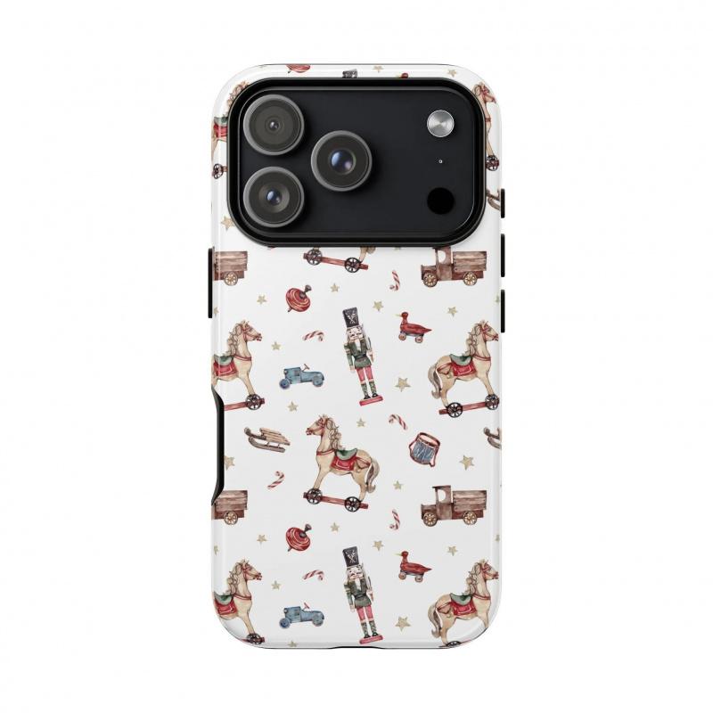 This retro nutcracker case features a fun, childlike market design. It's durable, shock-absorbing, and has a glossy finish. Compatible with iPhone 17, 16, 15, 14, 13, 12, 11, X, and Samsung models. Makes a great holiday gift for friends or family.