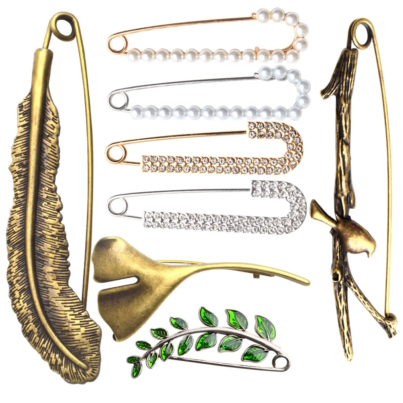 8 Pieces Extra Large Safety Pins Women Pearls Crystal Rhinestone Vintage Ginkgo Leaf Feather Brooches Sweater Shawl Clip Brooch Pin Gifts for Clothes Dress Shirt Hat Scarf, 8 Styles