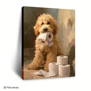 2D Flat 1pc a cute goldendoodle sitting on the bathroom floor holding severa (Framed Wrapped Canvas), 2D Flat, Perfect for Room Decor