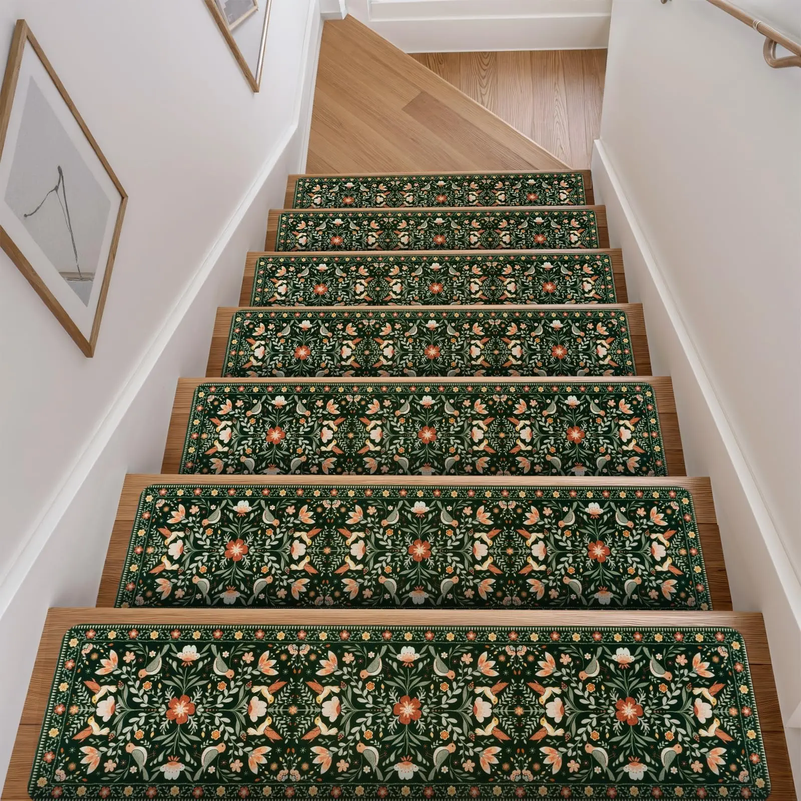 Floral Stair Treads Non-Slip Stair Runner for Wooden Steps Indoor 15PCS 30"x8" Carpet Stair Treads Stair Mats Staircase Step Treads for Kids, Elders and Dogs, Stair Covers, Black