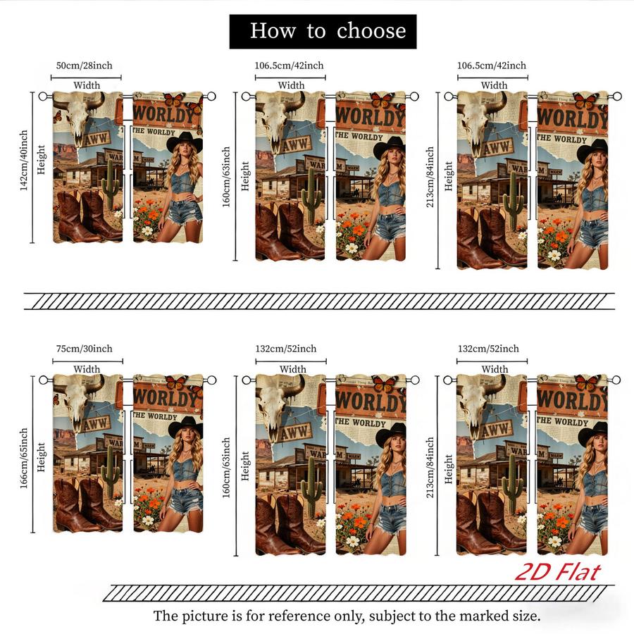 2Pcs Western Style Wild West Cow Skull Cowboy Boots Desert Cactus Sun Blocking Curtains Digital Printed Rod Pocket, Window Treatment For Bedroom Office Kitchen Living Room Study Home Decor