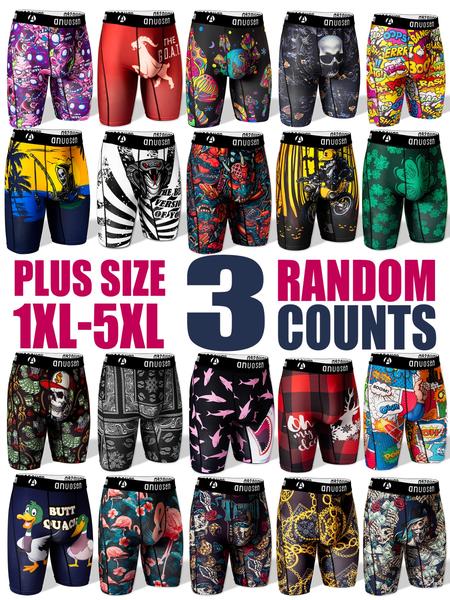 Random Plus Size 3pcs Men's Long Boxer Shorts, Casual Stretch Fit 1xl-5xl, Fun Patterns Including Cartoon, Stripes & Animal