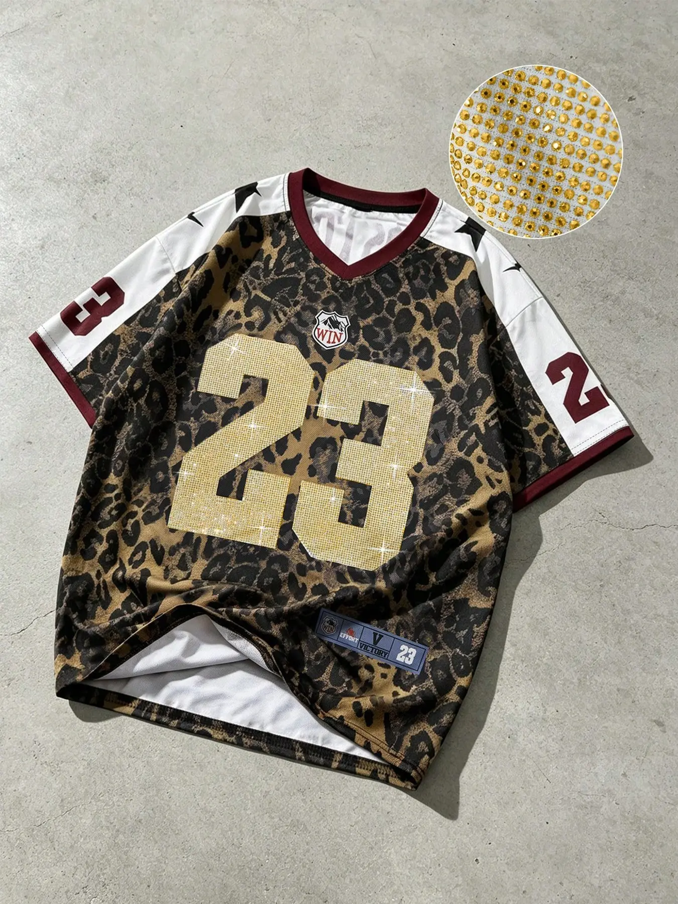 Y2K leopard print Boston No.23 rhinestone football jersey, retro color-block loose V-neck short sleeve T-shirt, shiny gold rhinestone top, hip-hop street loose T-shirt, fashionable 90s retro alternative style for parties, concerts, and everyday wear #Y2KF