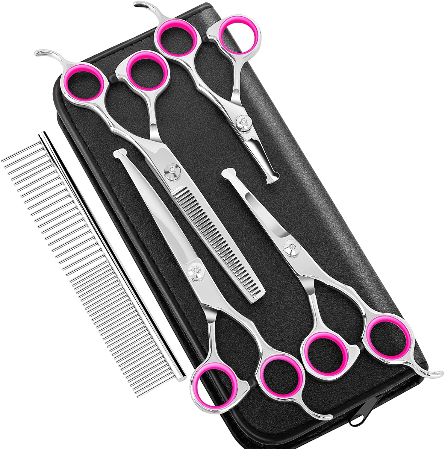 [Explosive]7 PCS Professional Pet Dog Grooming Scissors Set Straight Curved Thinning Shear, Dog Scissors for Grooming