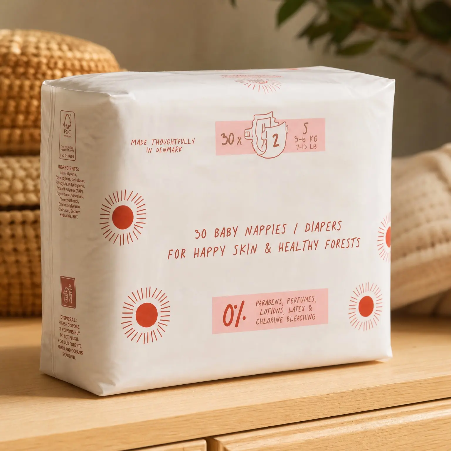 Baby Diapers, Size 2 S (7-13 lb) - 30 Count - Non-Toxic, Eco-Friendly, High Absorbency, Overnight Use, Ultra Slim & Soft - Made in Denmark(Gift)