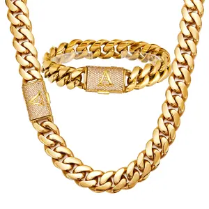 N-JMZM-14G Men's Hip Hop Necklace, 26-letter flip clasp encrypted chain, 14K Cuban chain gold necklace, men's jewelry and accessory giftchains for menGold-Plated Cuban Link Necklace