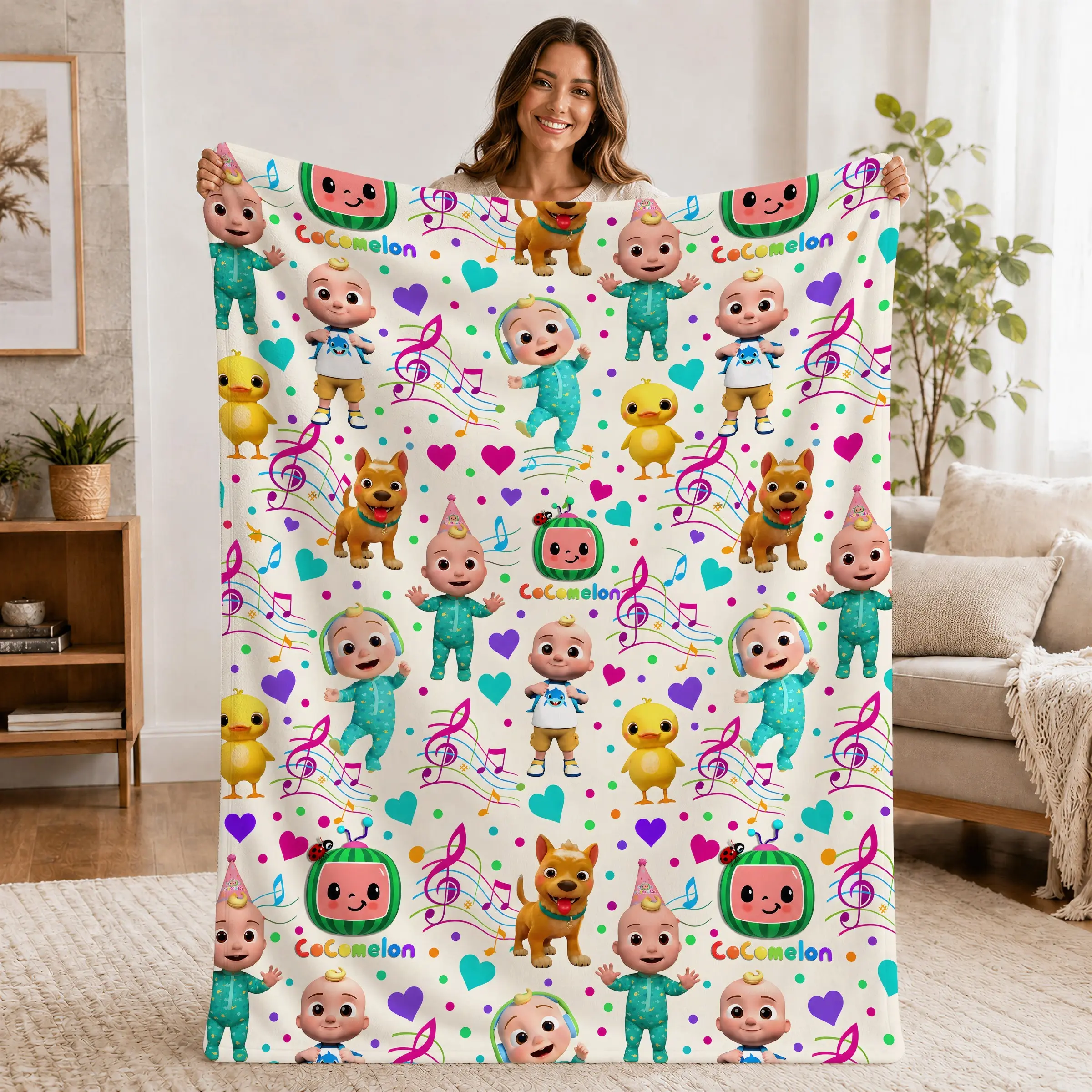 Cocomelon Cute Animal and Musical Note Flannel Blanket, Super Soft Plush Throw Couch Blanket for Fans and Home, Cozy and Comfortable