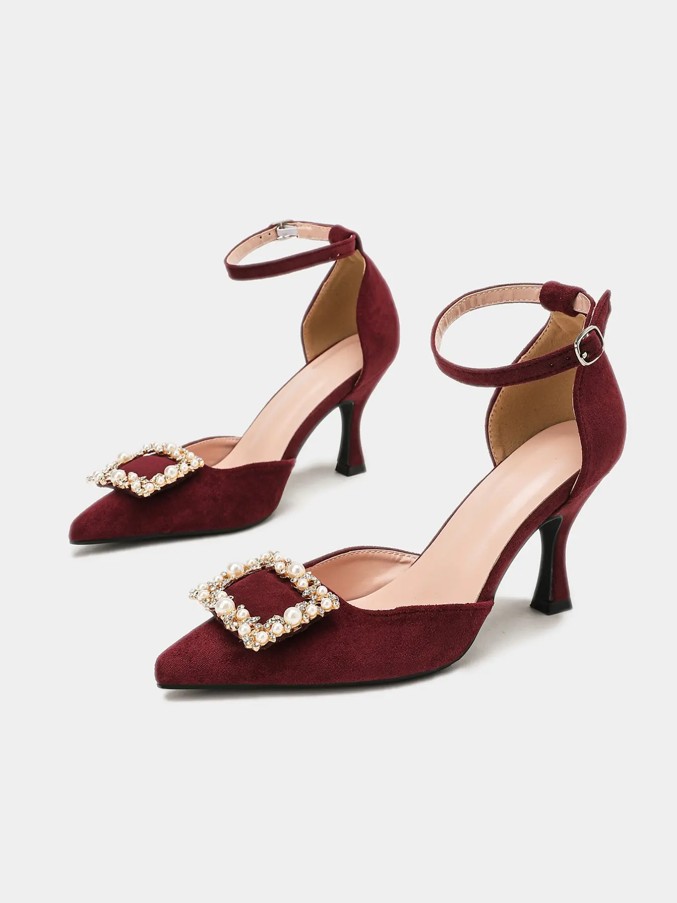 Women's Back Cutout Pumps, Heeled Sandals, Rhinestone Decorated Sandals, Wine Red/Black Suede Pointed Toe Flared High Heels, Pearl Rhinestone Buckle & Adjustable Ankle Strap Design, Spring Autumn Formal Shoes for Wedding Banquet Party, EU Size 35-42