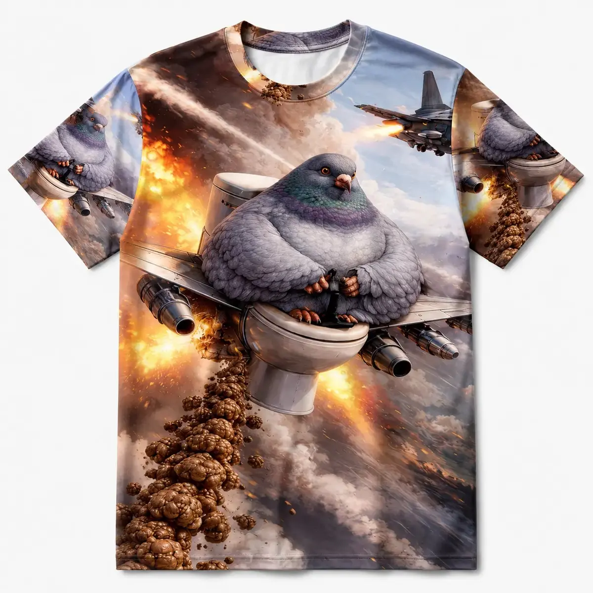 Men's Polyester Short-Sleeve Crewneck Tshirt - Colorfast Casual Basic Full Print Top, Funny Giant Pigeon on Toilet Jet Fighter Battle Design, Mens Casual Streetwear