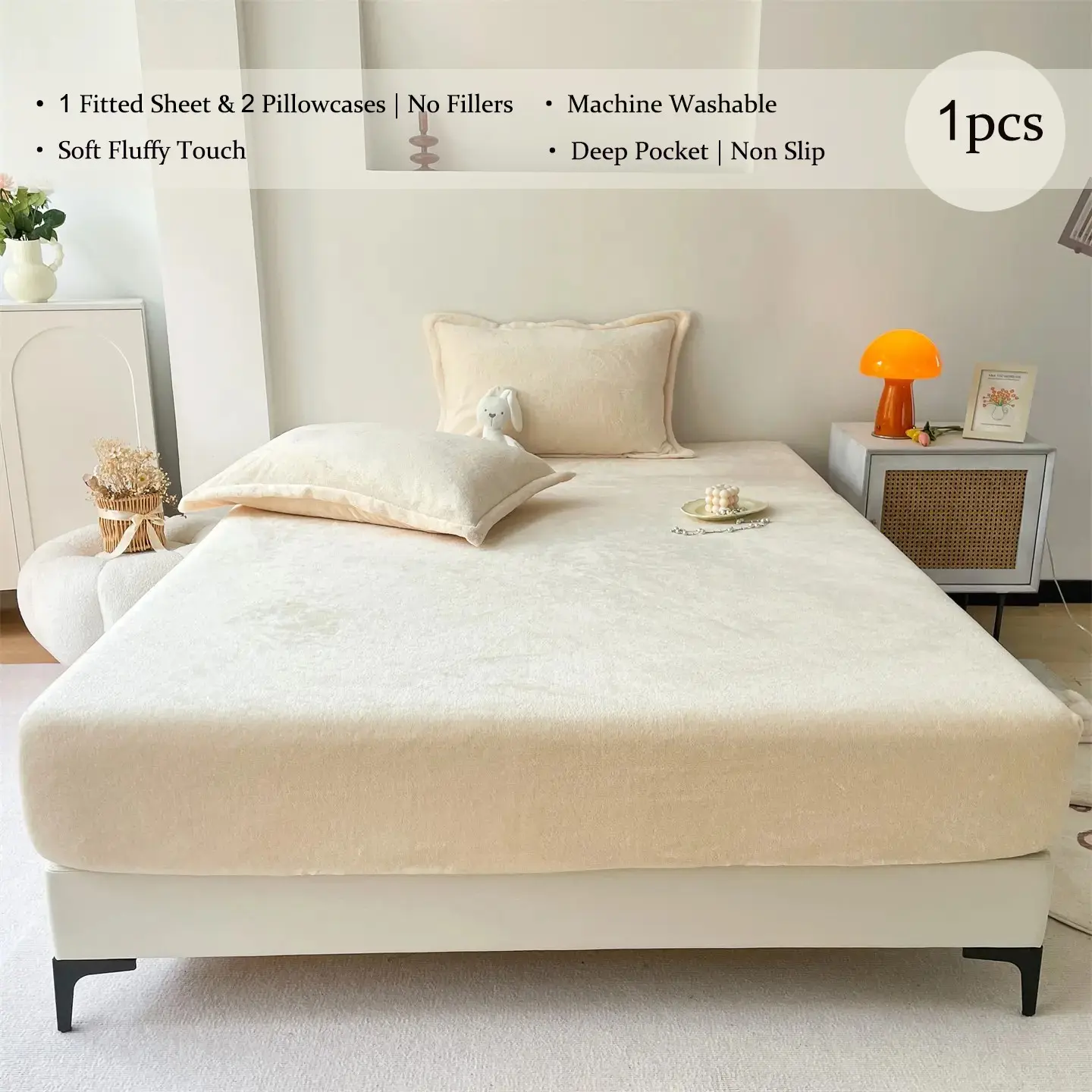 3pcs Multi Size Reversible Flannel Fitted Sheet 3-Piece Set, Soft Skin-Friendly Plush Mattress Cover With Deep Pocket Fits 25cm Mattress, 1 Fitted Sheet With 2 Pillowcases Without Fillers, Multi Sizes Available, Machine Washable Home Bedding Decor