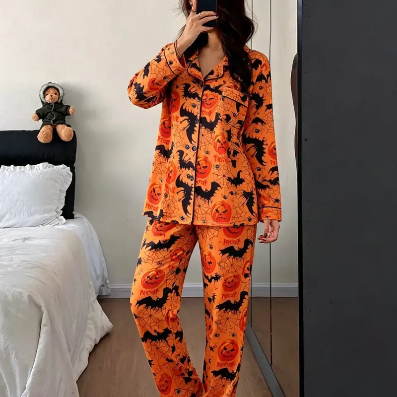 Halloween, Women's All-Over Cartoon Print Long Sleeve Top and Elastic Waistband Pants Loungewear 2-Piece Set, Pajama Clothes, Soft Comfortable Fabric Small Pockets Button Closure Top