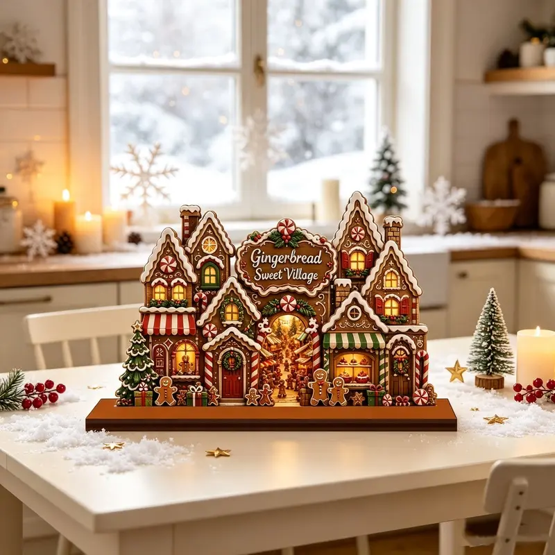 1x Christmas Gingerbread Sweet Village Wooden Tabletop Sign, Candy House Gingerbread Man Wooden Centerpiece for Winter Christmas Fireplace Mantel and Dining Table Holiday Decorations