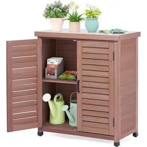 Wooden Outdoor Potting Bench Table with Sturdy Metal Tabletop Multifunctional Garden Workstation with Built-in Storage Cabinet Practical Patio Workbench for Gardening Backyard Tool Storage