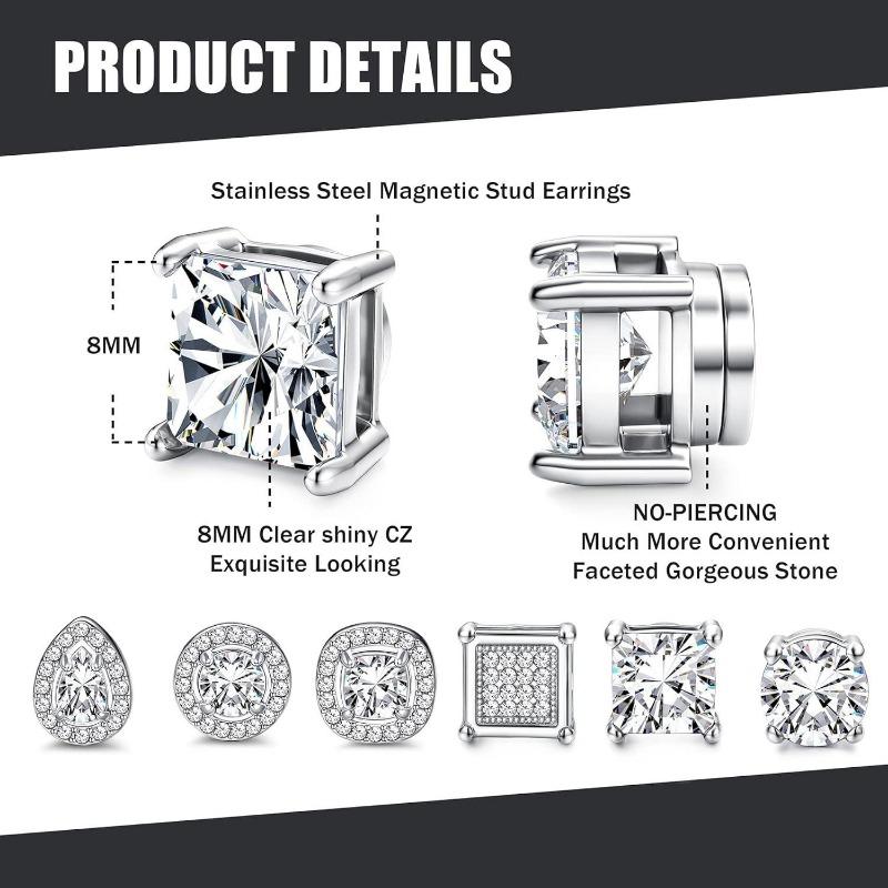 Jstyle 6 Pairs Magnetic Earrings for Women Men Stainless Steel Cubic Zirconia Earrings Stud Round Square Teardrop Earrings CZ Non Pierced Jewellery Hypoallergenic Fake Earrings Set Gift Daily