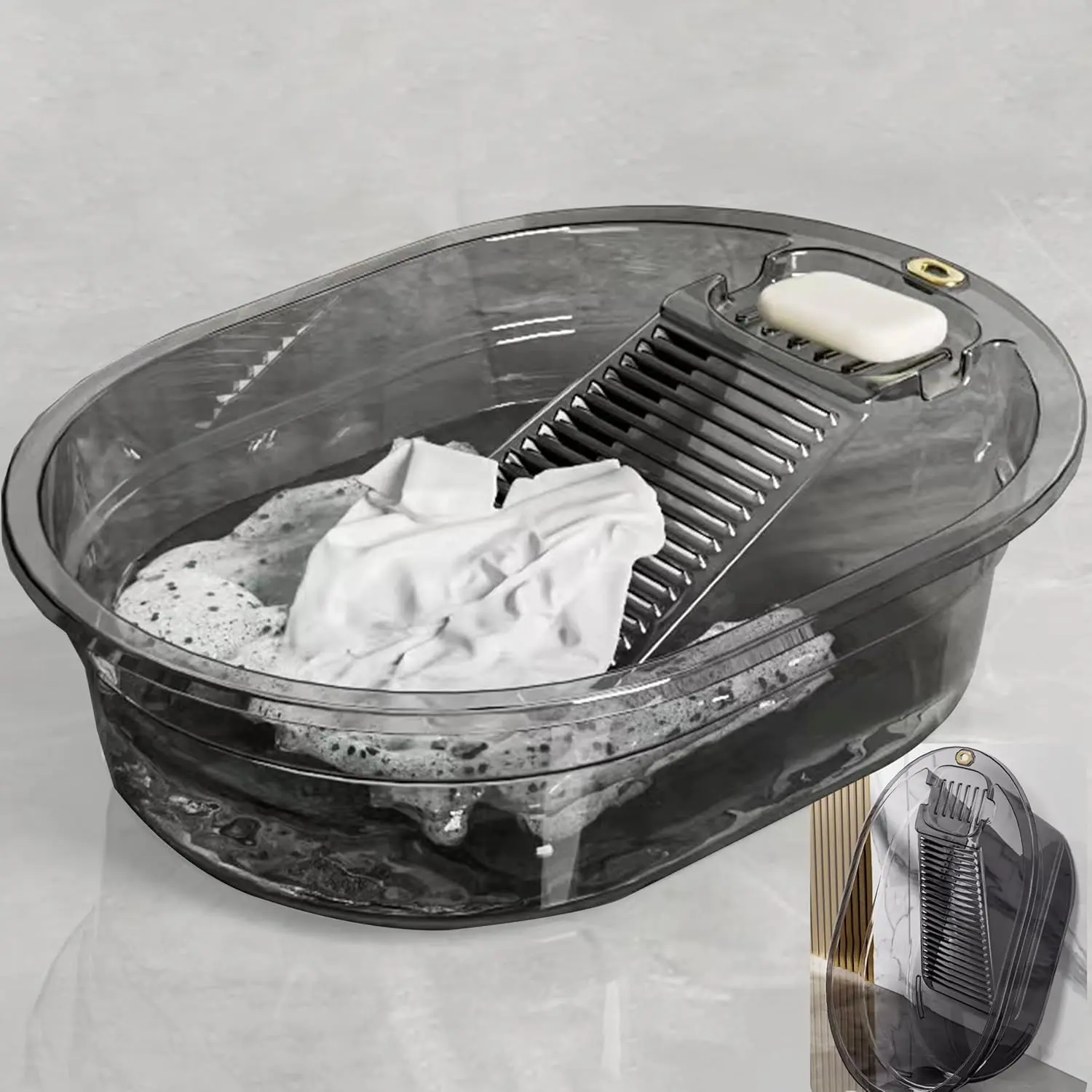 Washboard Basin for Hand Washing Clothes, Portable Wash Board for Laundry with Built-In Scrubber, Hand Wash Laundry Tub for Delicates, Underwear & Small Loads, Durable Basin for Apartment Sink Use