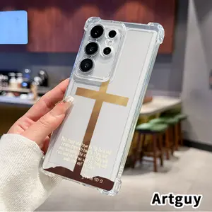 Phone Case for Samsung Galaxy S25 S24 S23 Plus FE S22 Ultra Golden Cross Hope Pattern Mobile Transparent Anti-Yellowing Four Corner Anti-drop Shockproof Non-slip Silicone Protective Cover