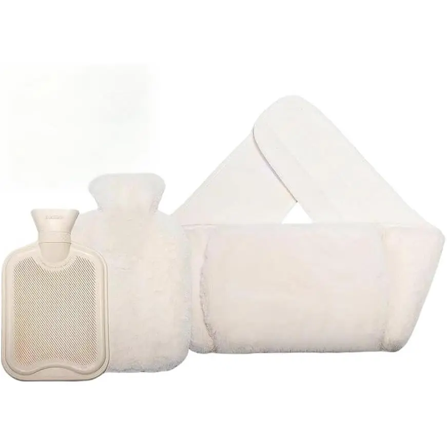 3 in 1 Hot Water Bottle Pouch with Waist Cover, Warm Water Bag, Pouch with Soft Belt, 1L Rubber Hot Water Bag with Soft Cover, for Pain Relief Waist, Back, Neck, White