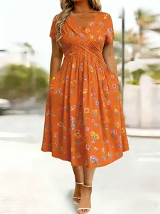 Elegant Floral Print V-Neck Dress with Knot Detail and Pockets, Plus Size Short Sleeve Summer Dress for Women, Chic and Comfortable