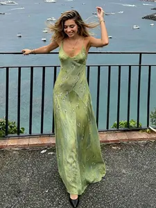 Fields Tie-Dye Floral Print Pleated Halter Dress, Women's Vacation Style Fashion Sexy Waist A-Line Summer Long Dress, Vintage Look