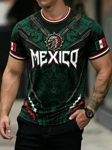 Men Crew Neck Short Sleeve Tee Ancient Tribal Totem Aztec Culture Print Green Red White Striped Cuff Collar Soft Casual T Shirt, Vintage Mexican Ethnic Style Top For Summer Street Outdoor Daily Fashion Outfit.