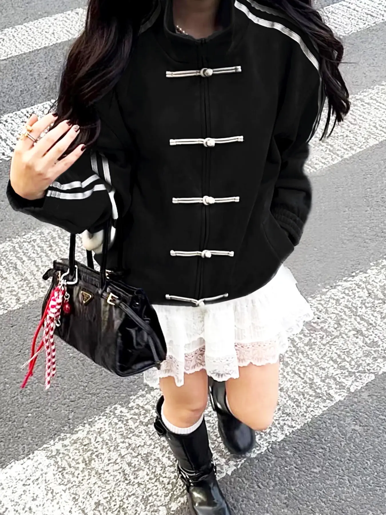 Oriental Frog Closure Side Stripe Oversized Coat, Stylish and Comfortable Outerwear, Perfect for Casual Wear, Unique Design
