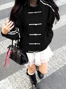 Oriental Frog Closure Side Stripe Oversized Coat, Stylish and Comfortable Outerwear, Perfect for Casual Wear, Unique Design