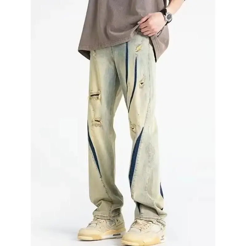 Trendy Loose Men's Denim Jeans High Street Design Sense Small ence Worn Hole American Vibe Heavy Wide Leg Long Pants