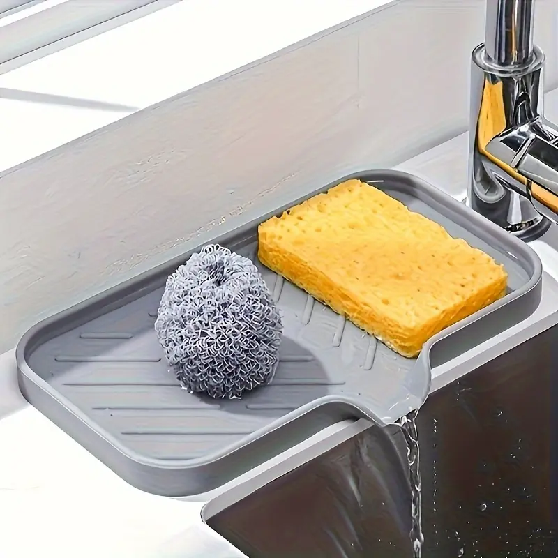 1-Piece Gray Silicone Rectangle Sink Drain Tray with Drainholes, Anti-Slip Countertop Organizer for Brushes, Sponges, Soap - Home Supply Kitchen & Bathroom Daily Storage Holder