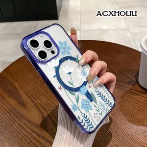 Blue and White Wildflowers Translucent Frosted Magnetic Ring Case for iPhone 17 16 15 14 13 12 11 Pro Max Plus Matte Soft-Touch,Raised Camera Protection,Anti-Drop Hard PC Cover