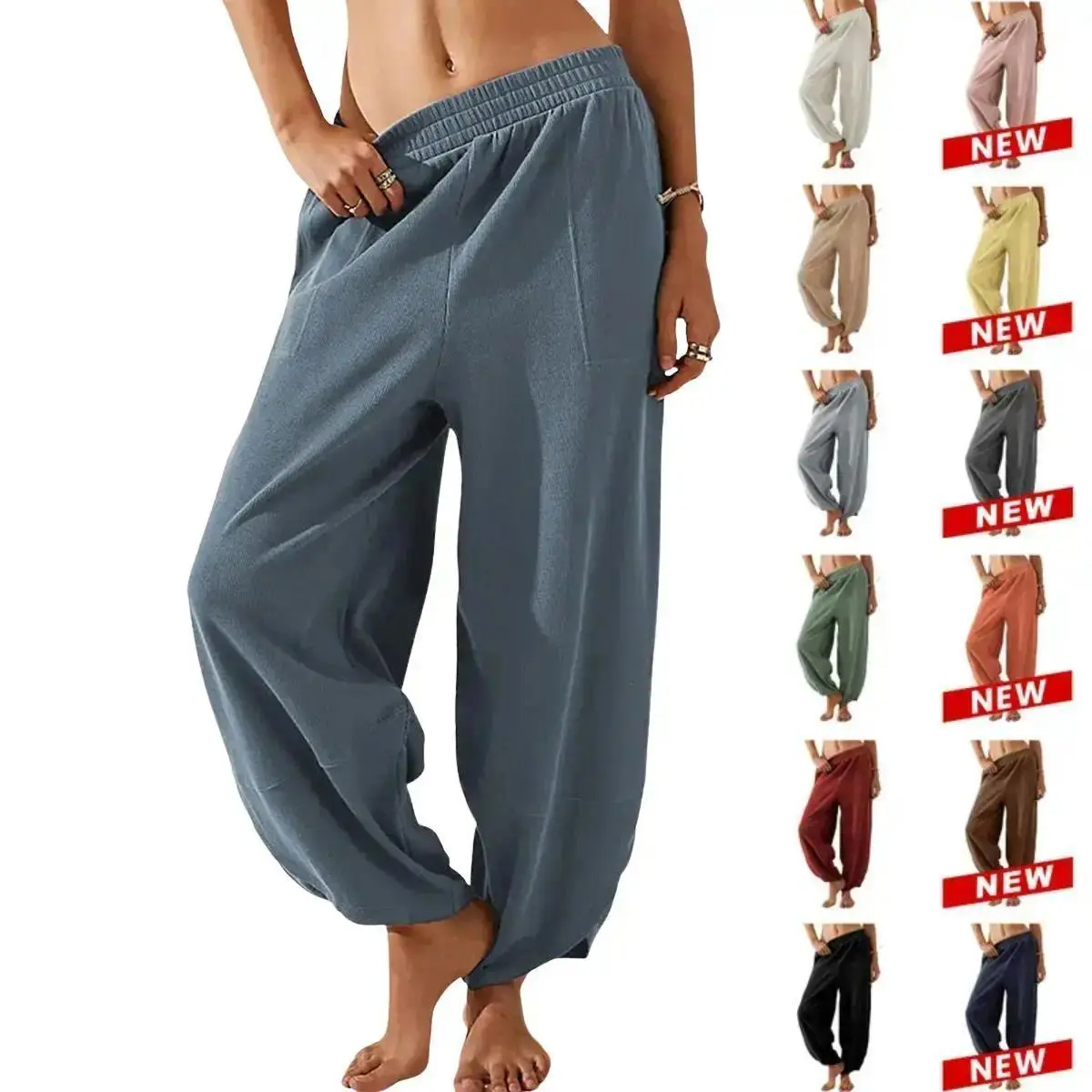 Women's Minimalist Basic Bottoms, Casual Loose Baggy Wide-Leg Elastic-Waisted Palazzo Harem Trousers with Pockets,summerwins,summeroutfits,vacationoutfits,beachoutfits