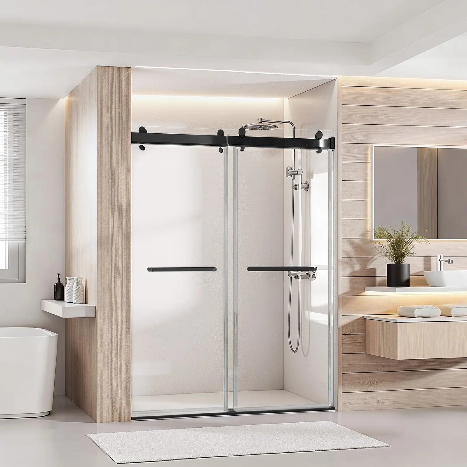 VEVOR Frameless Shower Door, 48" Wx 76" H, Shower Sliding Glass Door with 3/8" (10 mm) Thick Clear Tempered Glass, Noiseless Shatterproof Nano Coating, with Rail, Seal Strip and Hardware Kit
