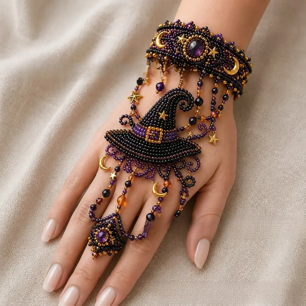 DIY Halloween Beaded Hand Chain Bracelet Making Kit for Adults Beginners, Halloween Craft Gift Idea for Women, Witch Hat Black Cat Pumpkin Themed Jewelry Kit for Costume Party