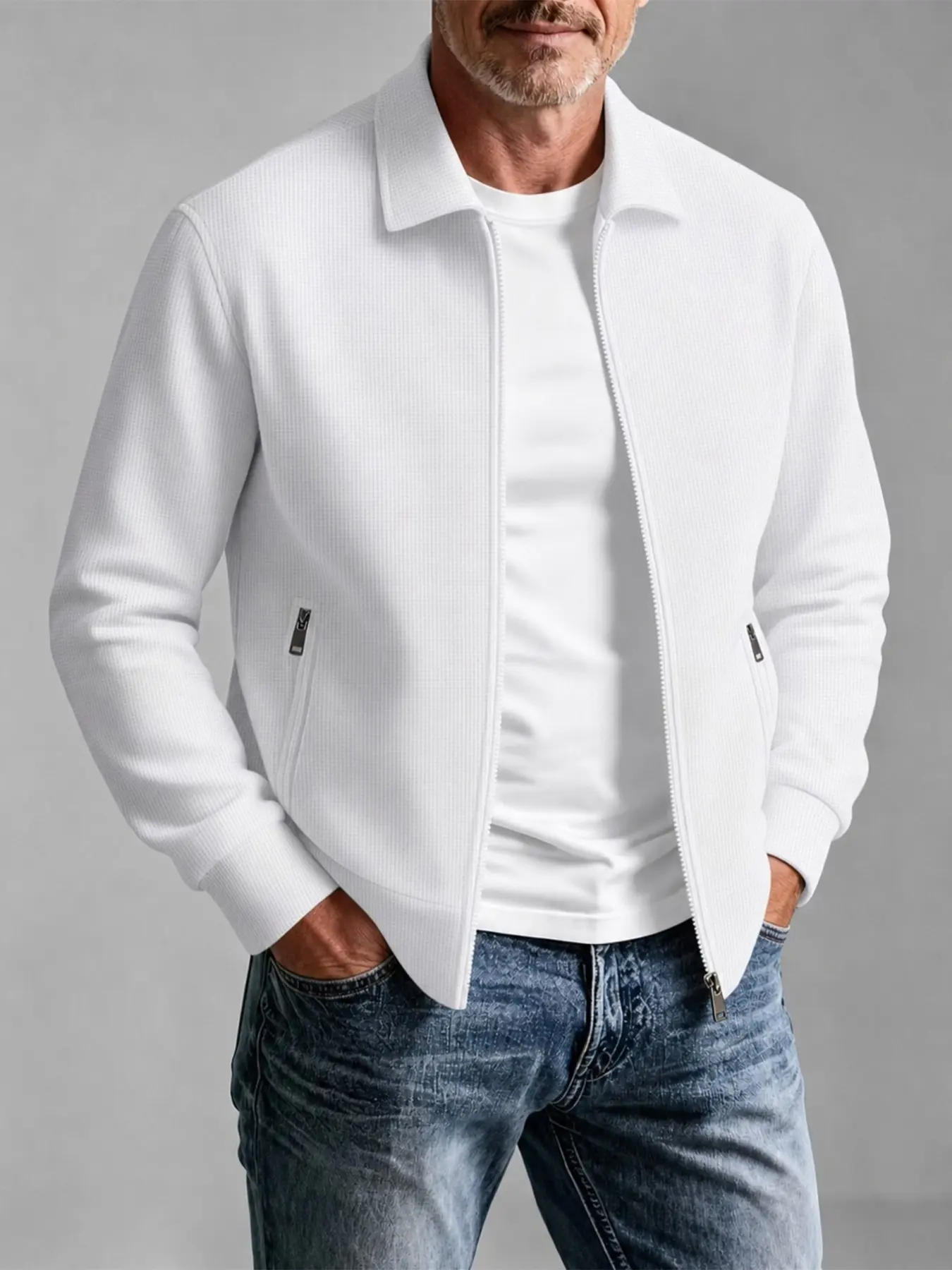 Men's Slim-Fit Lapel Jacket Coats, Waffle Texture Full Zip Outerwear, Zip Side Pockets, Ribbed Sleeves, Breathable Fabric, Business Casual Fall Winter