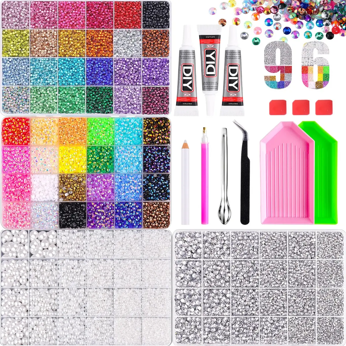 96 Grids Sparkling Flatback Resin Rhinestone Kit, Complete DIY Tool Gift Pack, It is easy to operate and friendly for beginners. Perfect for home DIY enthusiasts, nail salons and handmade creators.,mid year sale, deals for you。Halloween Gifts for Women