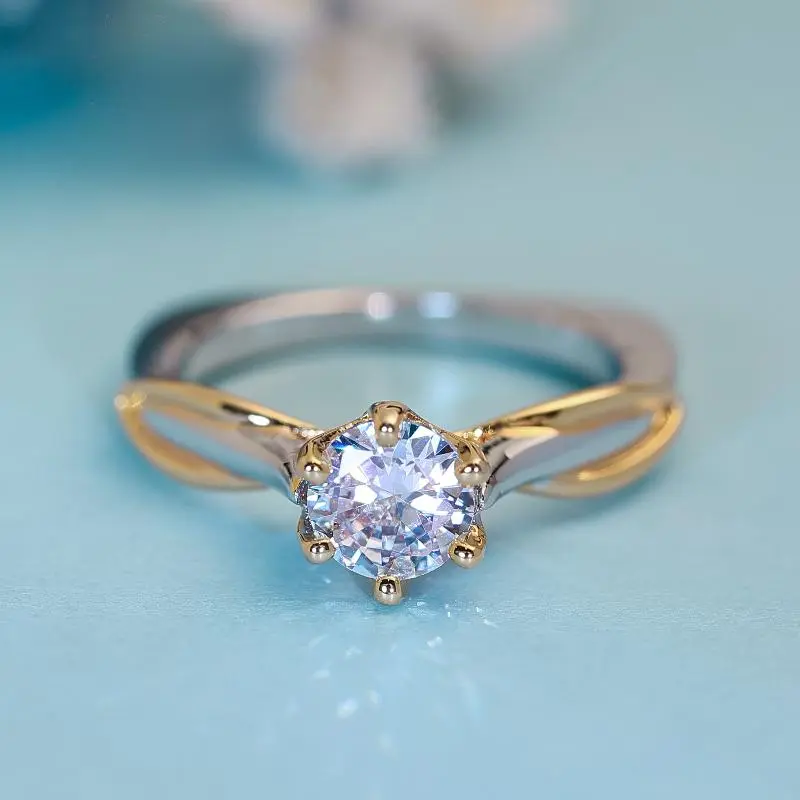 Two-Tone Golden & Silvery Solitaire Engagement Ring for Women, Twisted Band Design with Sleek Craftsmanship, Elegant Bridal Jewelry Gift for Anniversaries, Birthdays & Special Occasions